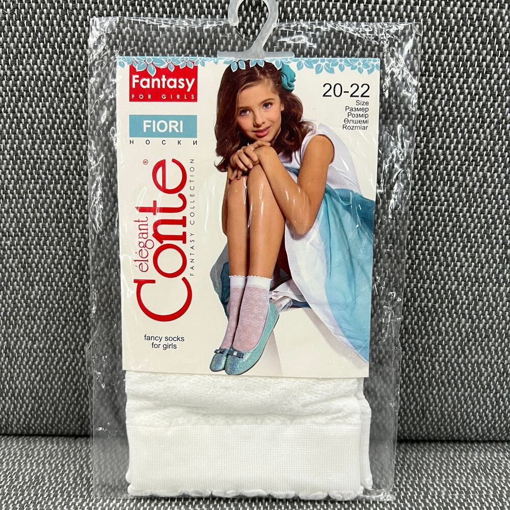 CONTE Kesi & Fiori Solid White Fancy Dress Socks With Design Girls 6-7Y/O 2 Pair - Picture 2 of 12